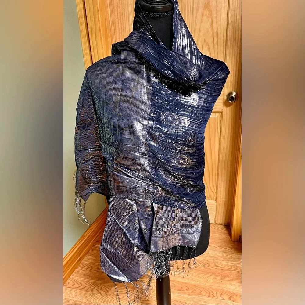 Vintage Navy Blue Silk Metallic Shimmer Scarf Wrap Evening Shawl Fringe Holiday